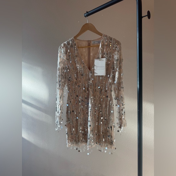 Mac Duggal 93850 | Silver Beaded Fringe | Long Sleeve Plunge |  Sz 6 | NWT - Picture 11 of 14